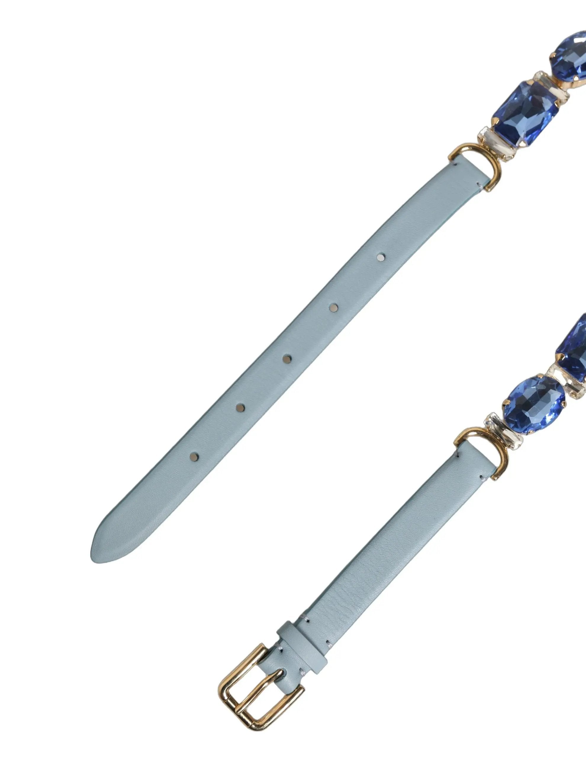 Dolce & Gabbana Blue Leather Crystal Chain Embellished Belt