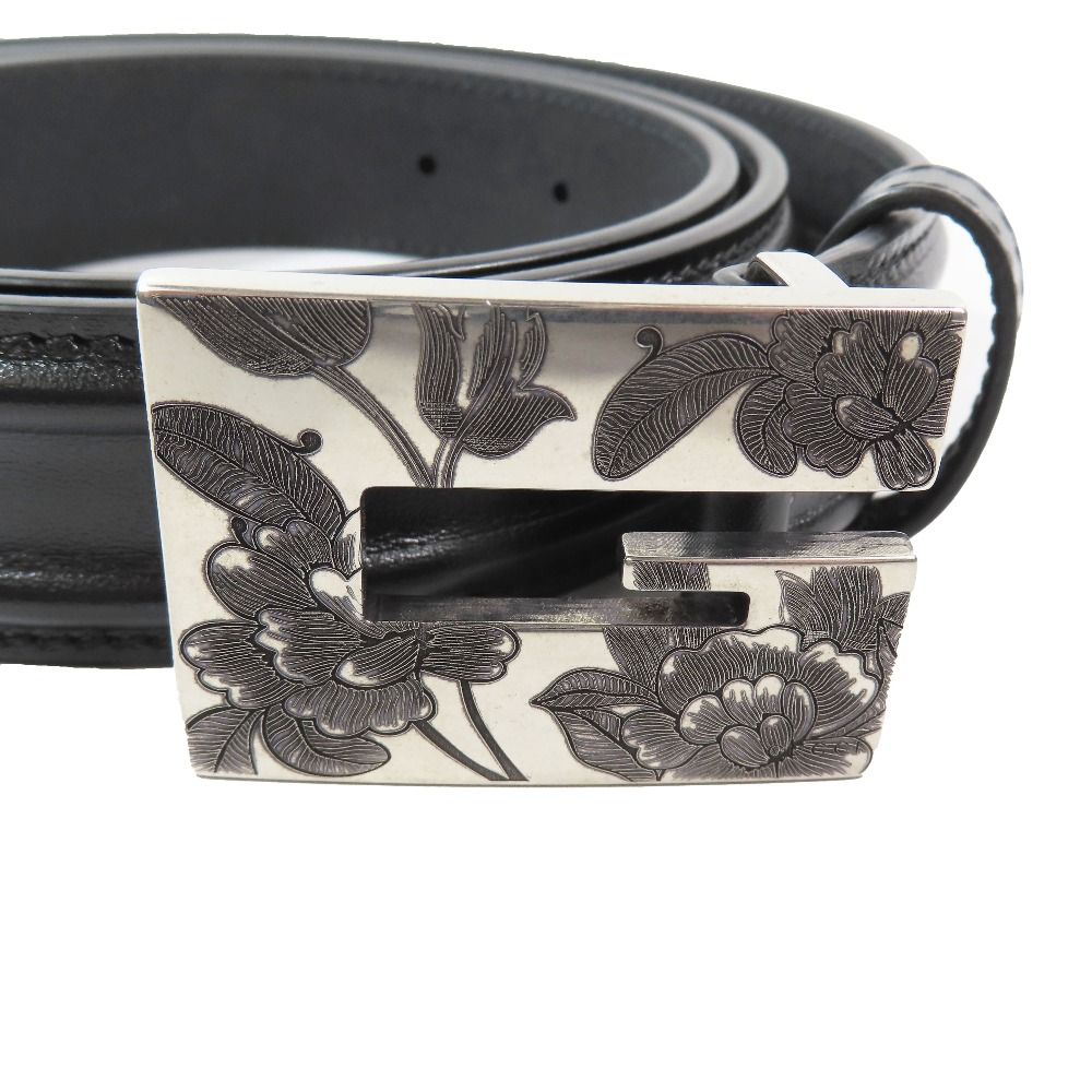 Gucci Square Flower Buckle Belt Leather Memorable Eyelet Black Silver