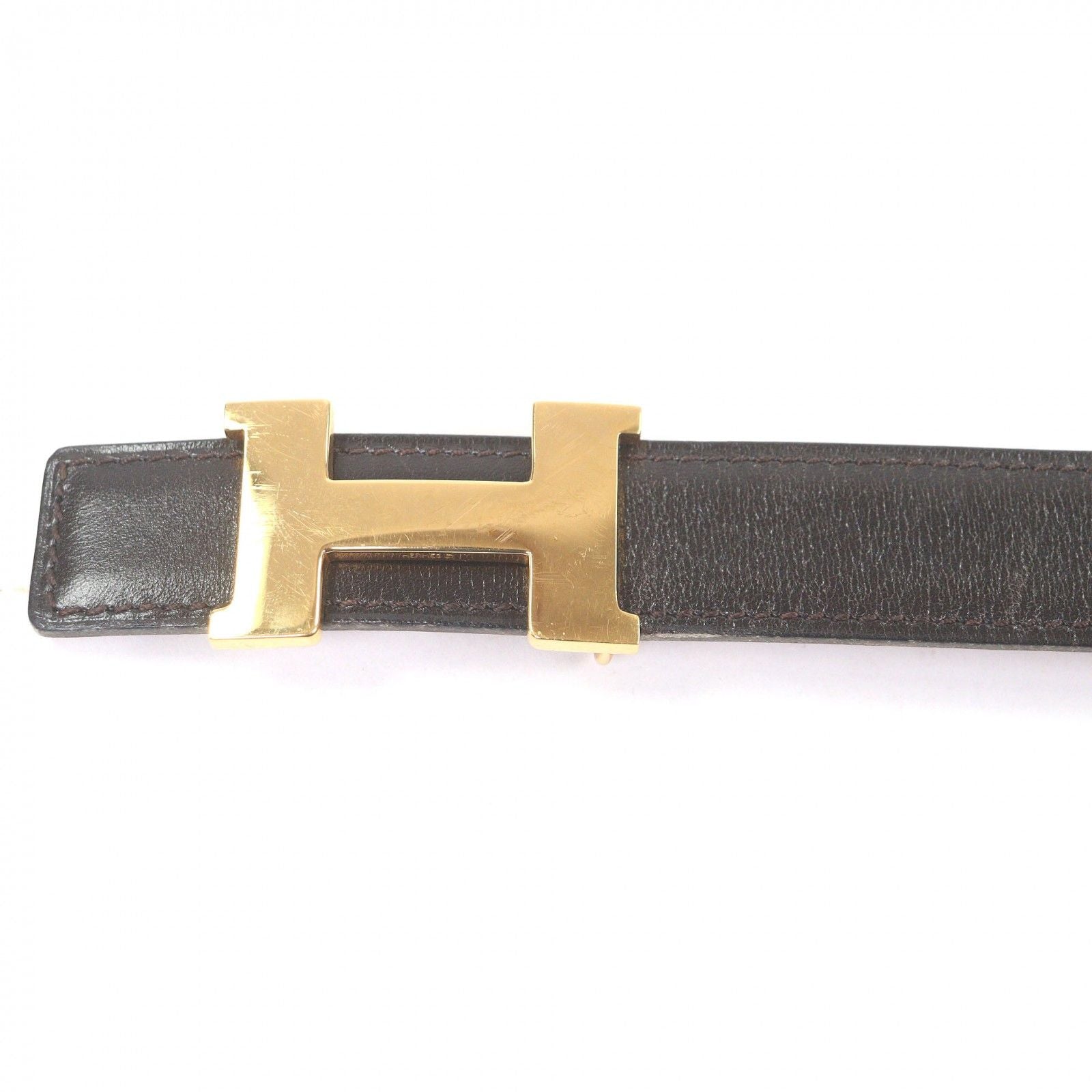 Hermes Vintage Martin Margiela Era Logo Gold Buckle Leather Belt Dark Brown 70