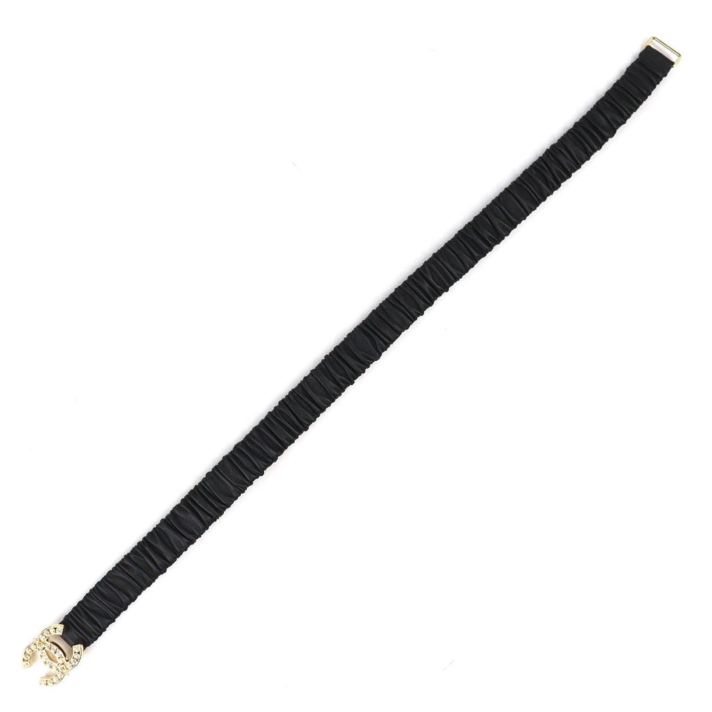 Chanel CC Logo Rhinestone Buckle Leather Rubber Belt Black Gold