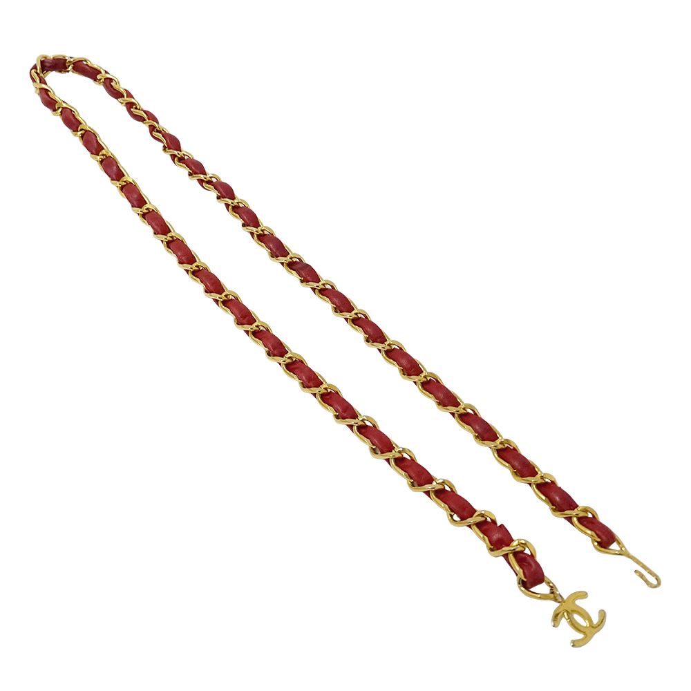 Chanel Belt Chain Leather Red Gold CC Logo