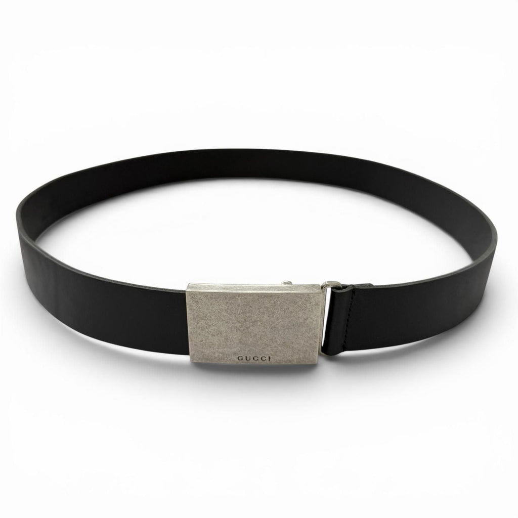 Gucci Logo Buckle Dull Finished Leather Belt Silver Black