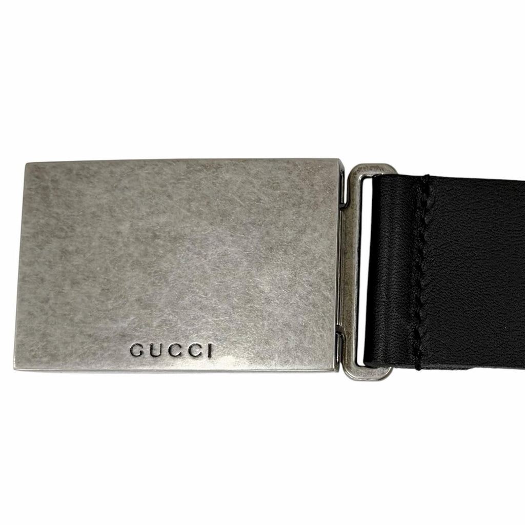 Gucci Logo Buckle Dull Finished Leather Belt Silver Black