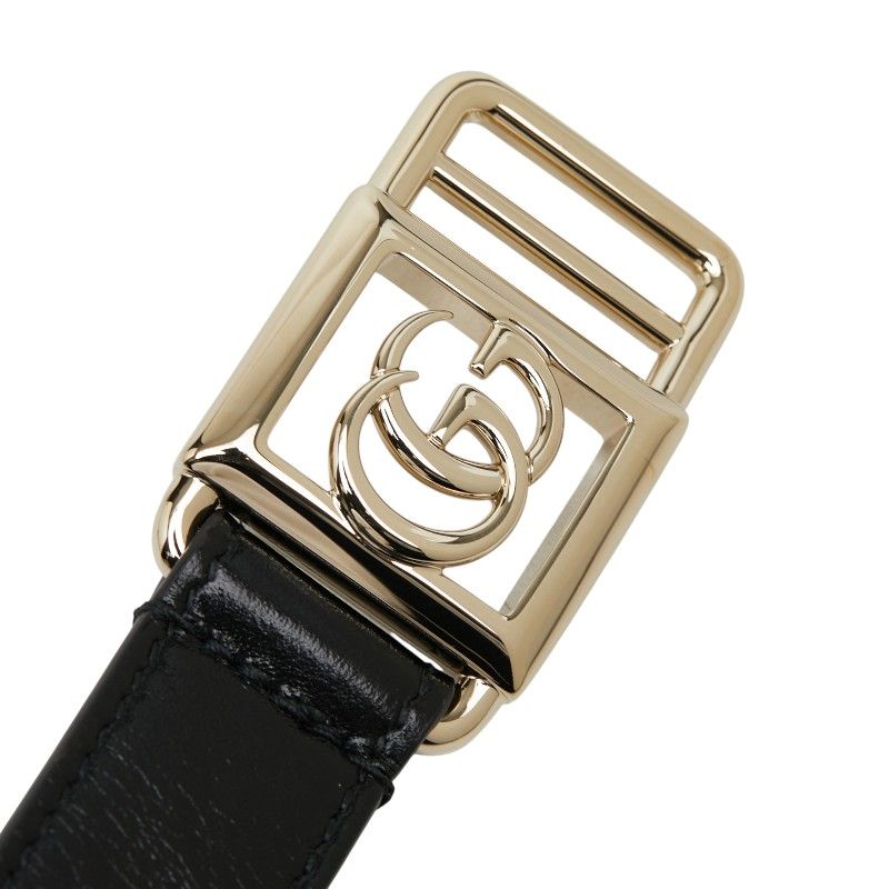 Gucci Double Buckle Slim Belt Black Gold Leather Plated