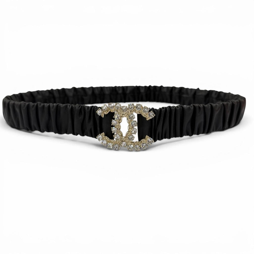 Chanel 21c CC Logo Rhinestone Leather Rubber Belt Black Gold