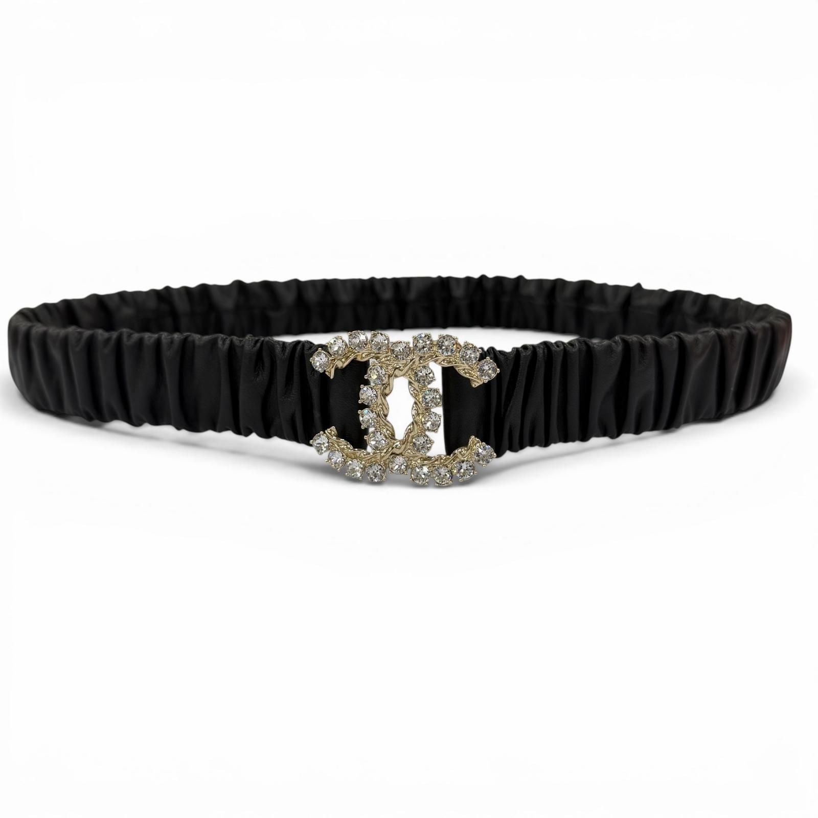Chanel 21c CC Logo Rhinestone Leather Rubber Belt Black Gold