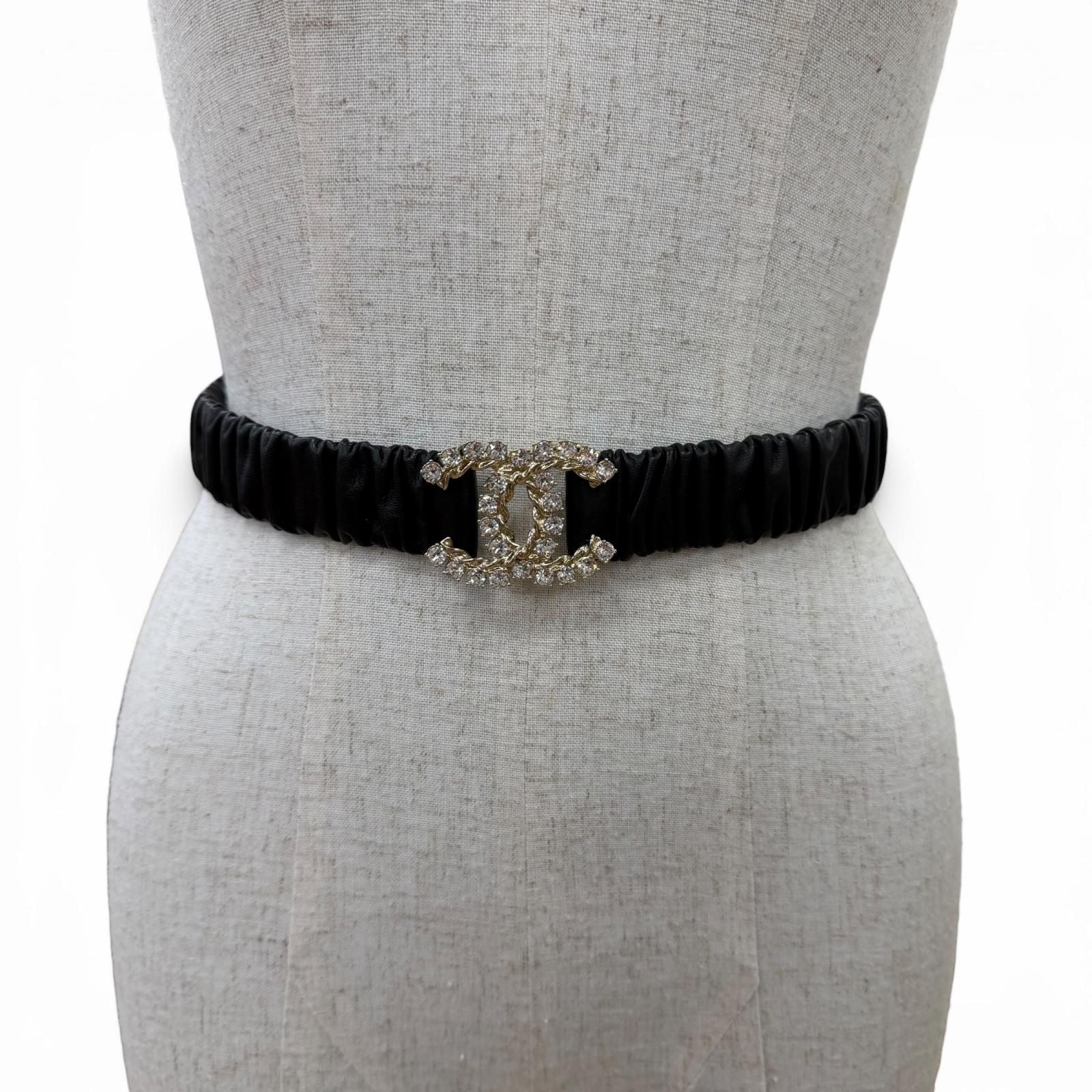Chanel 21c CC Logo Rhinestone Leather Rubber Belt Black Gold