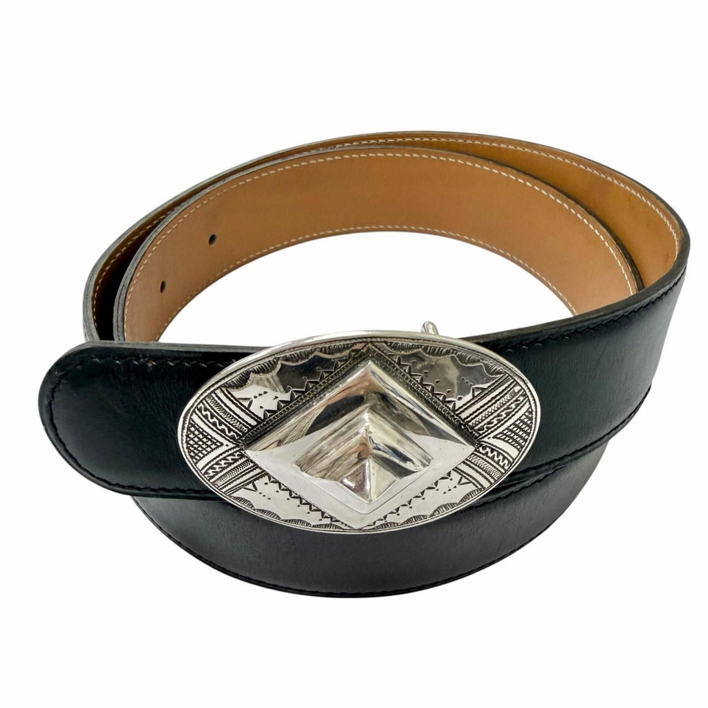 Hermes Toareg Silver Buckle Leather Belt Black 75