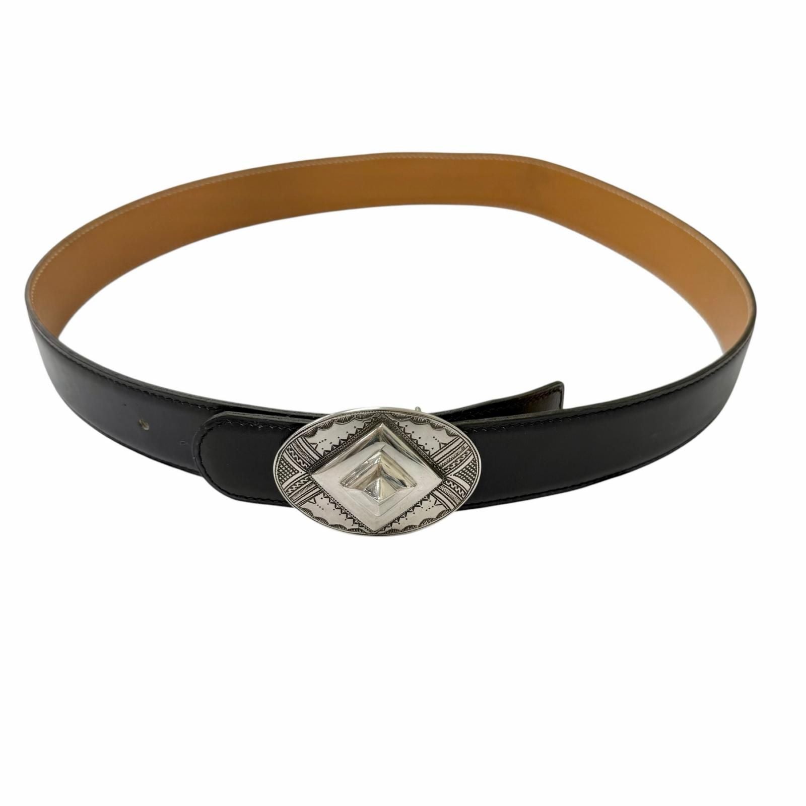 Hermes Toareg Silver Buckle Leather Belt Black 75
