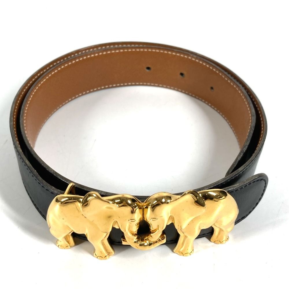 Hermes Belt Elephant Logo Leather Black