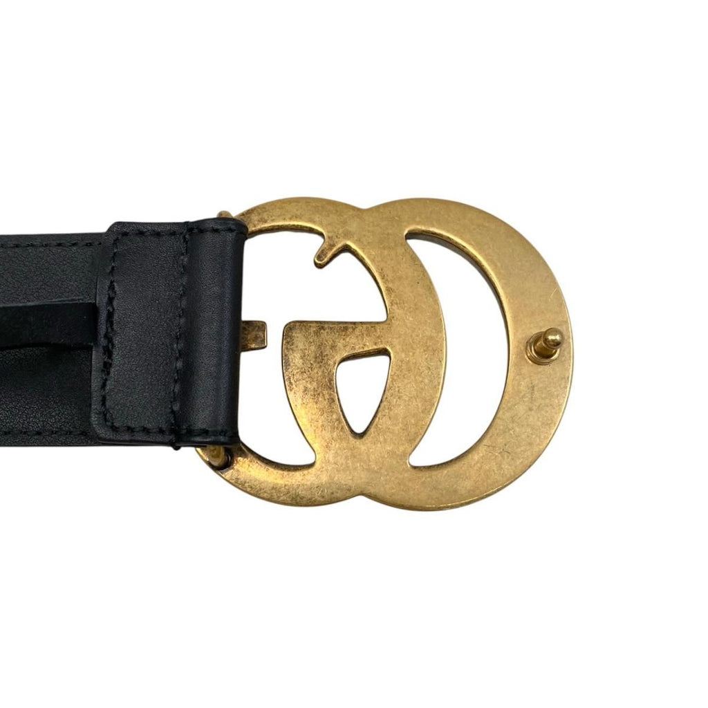 Gucci Belt GG Emblem Wide Leather Double Black Gold
