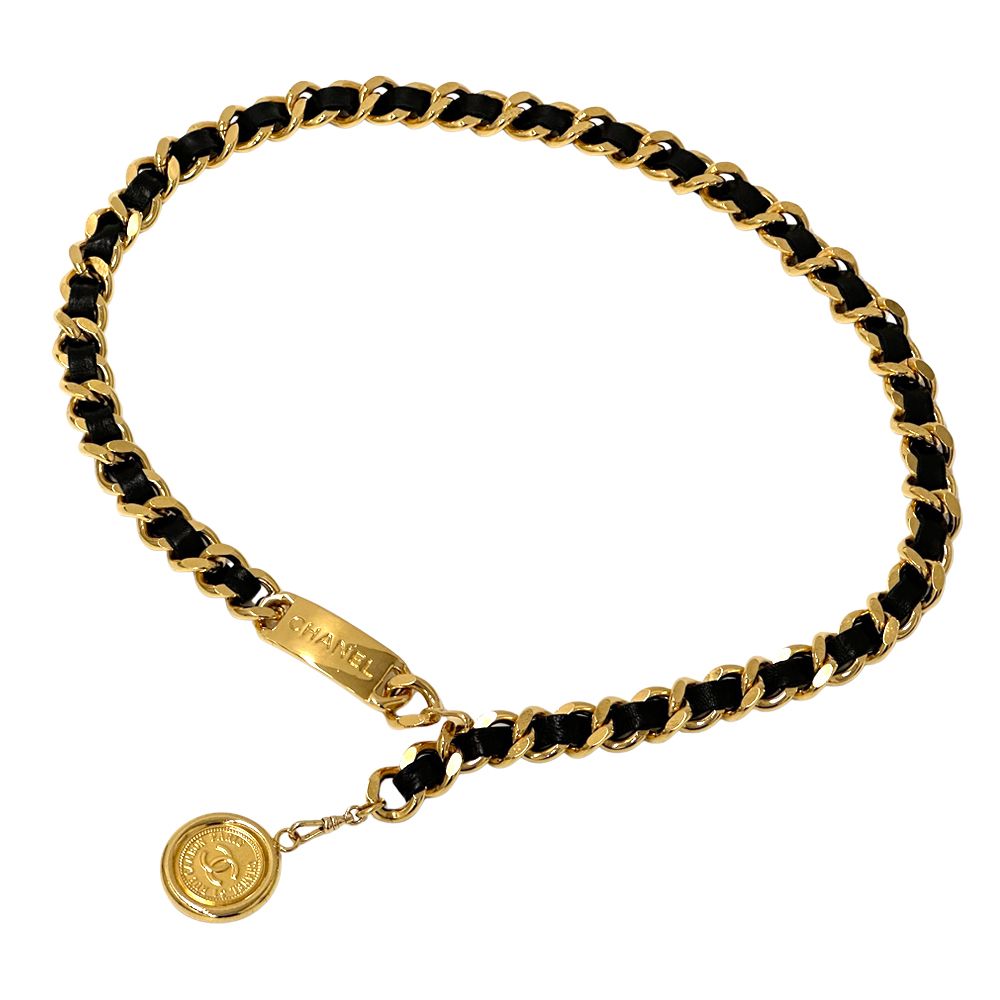 Chanel Belt Cambon Leather Chain Gold Black Logo Plate CC Thick