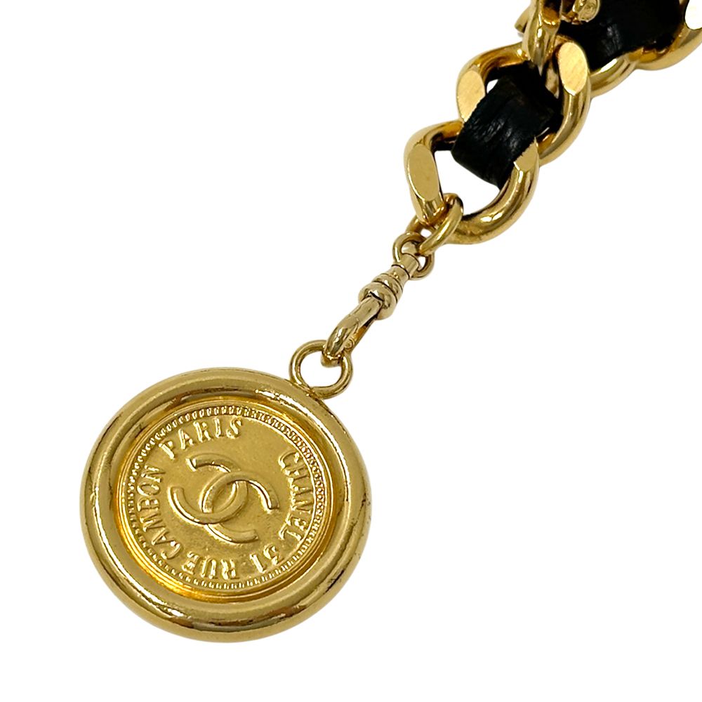 Chanel Belt Cambon Leather Chain Gold Black Logo Plate CC Thick