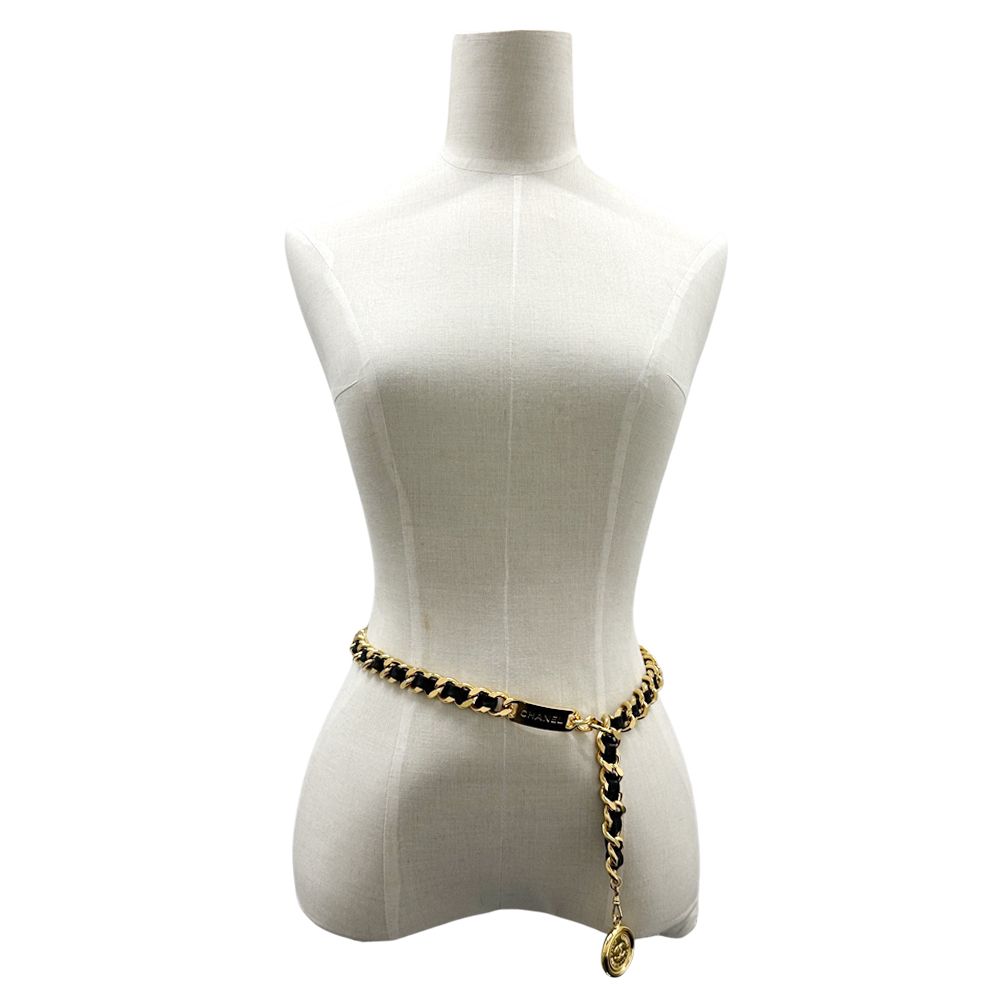 Chanel Belt Cambon Leather Chain Gold Black Logo Plate CC Thick