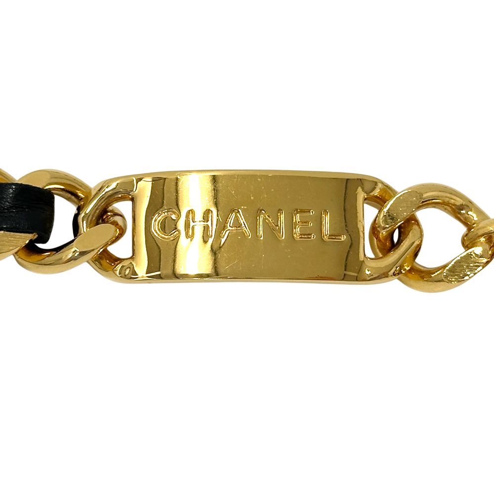 Chanel Belt Cambon Leather Chain Gold Black Logo Plate CC Thick