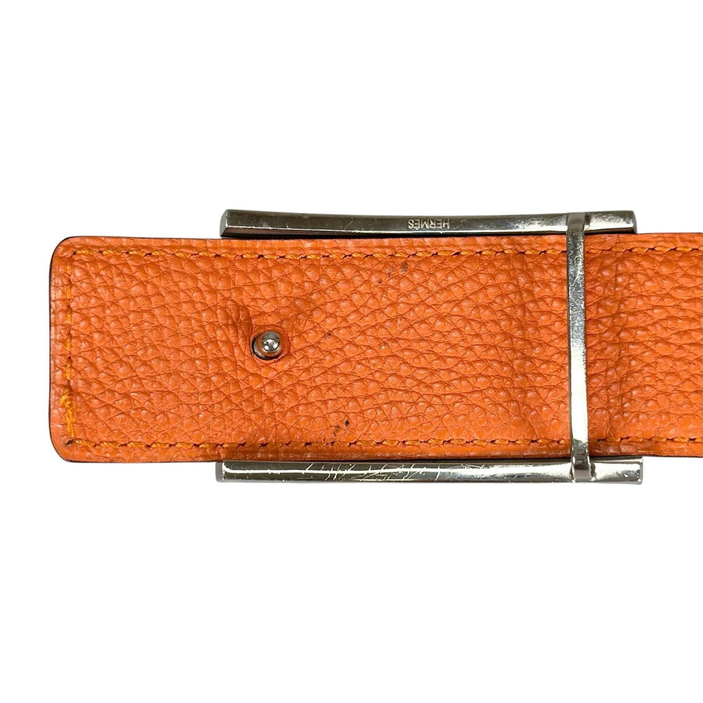 Hermes Belt Lucky Metal Leather Orange Dark Brown Silver