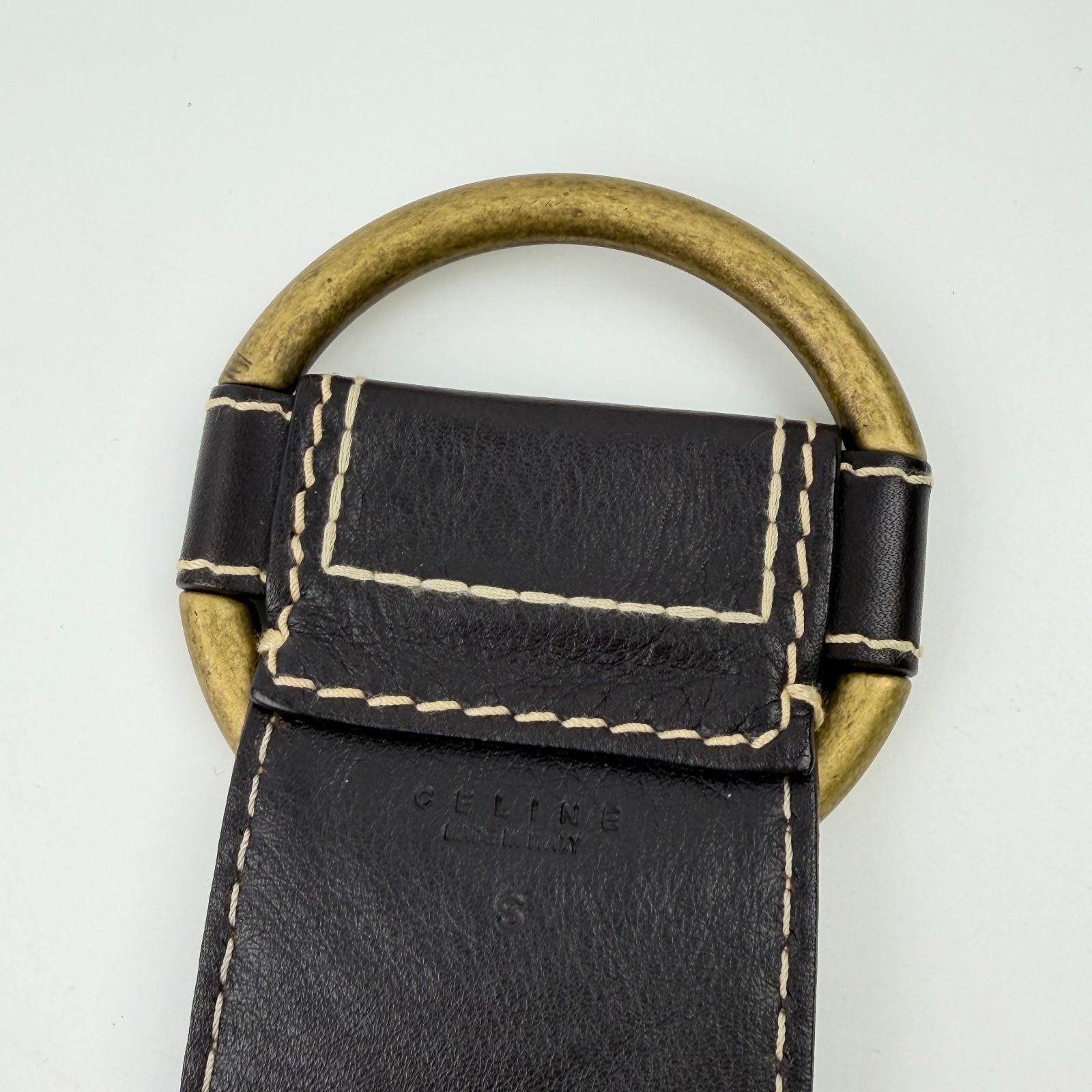 Celine Circle Buckle Spiral Pattern Leather Belt Brown Gold Vintage