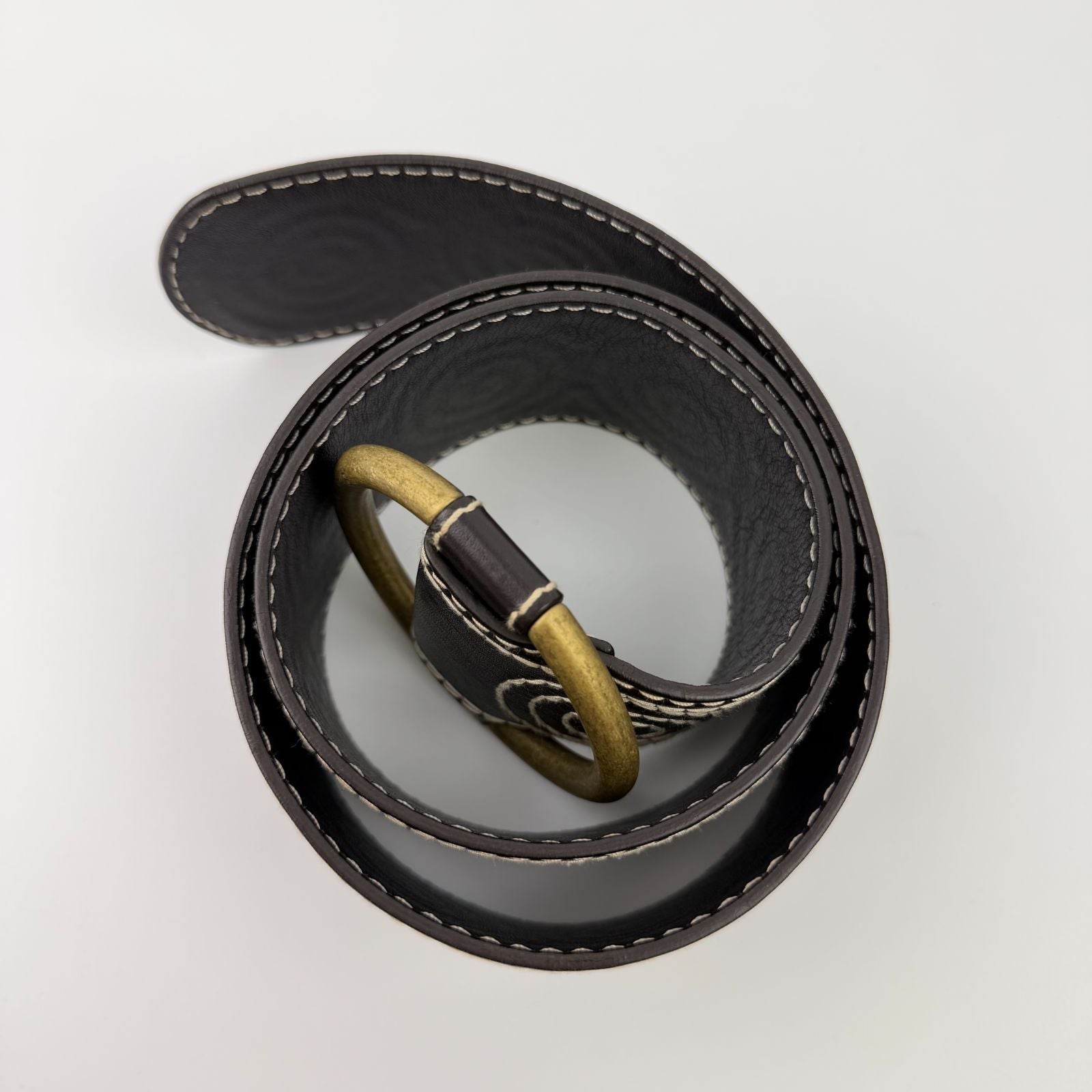 Celine Circle Buckle Spiral Pattern Leather Belt Brown Gold Vintage