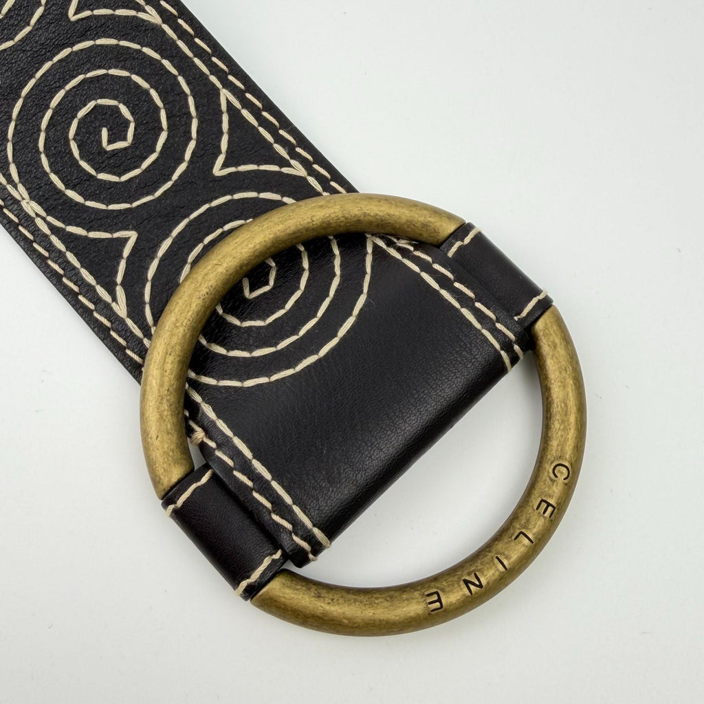 Celine Circle Buckle Spiral Pattern Leather Belt Brown Gold Vintage