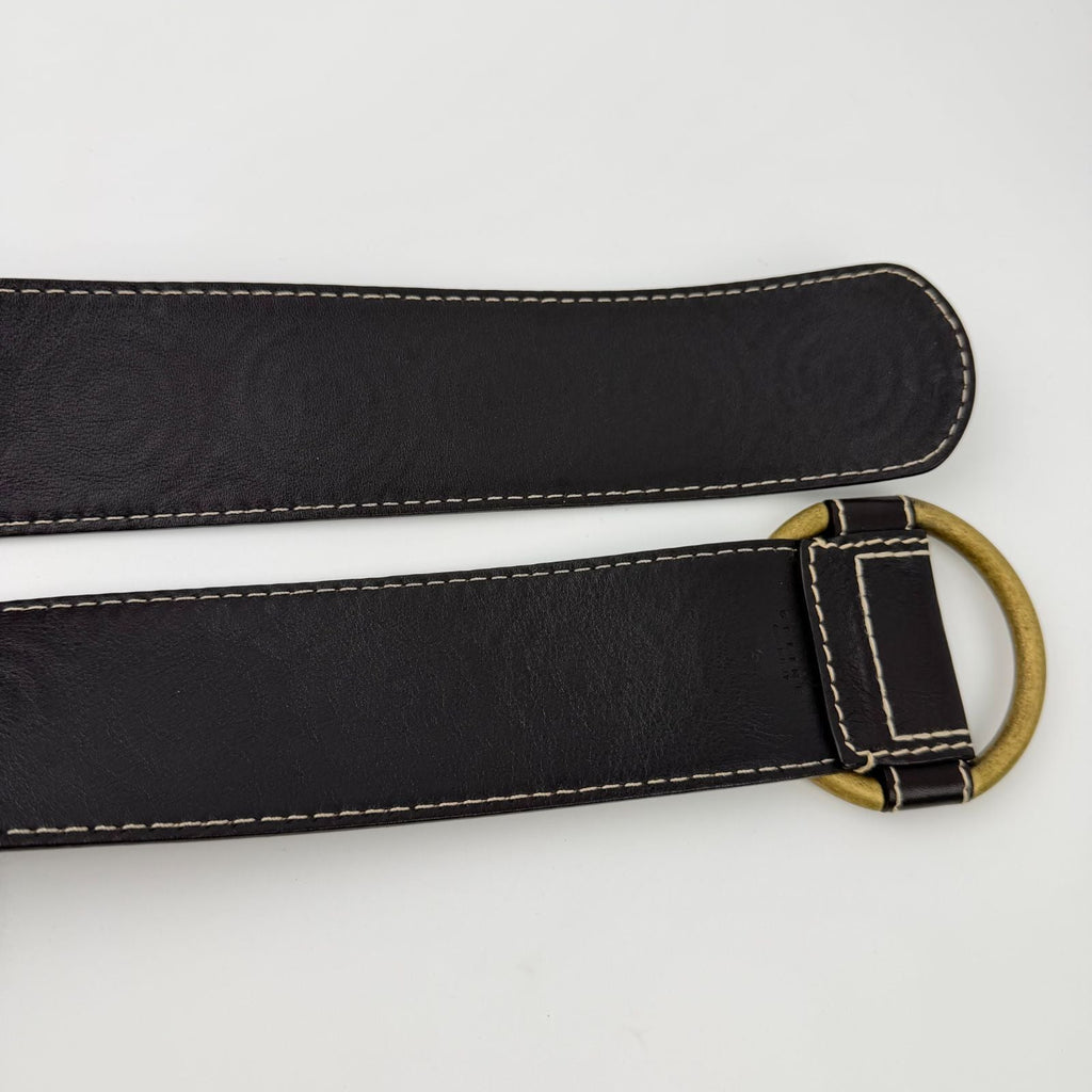 Celine Circle Buckle Spiral Pattern Leather Belt Brown Gold Vintage