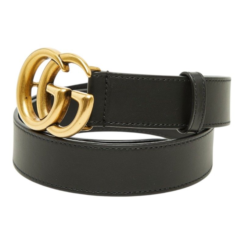 Gucci GG Marmont Emblem Wide Buckle Belt Black Leather