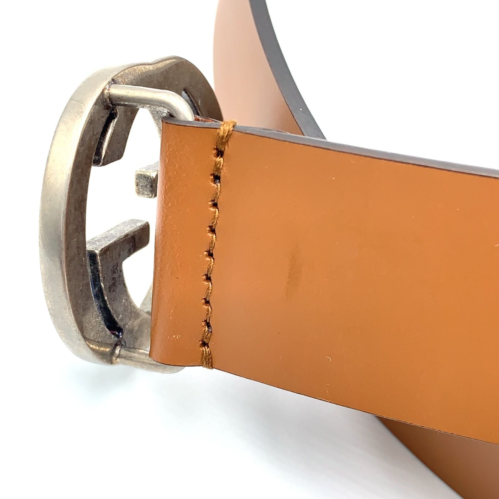 Gucci Interlocking Antique Leather Brown Belt Silver