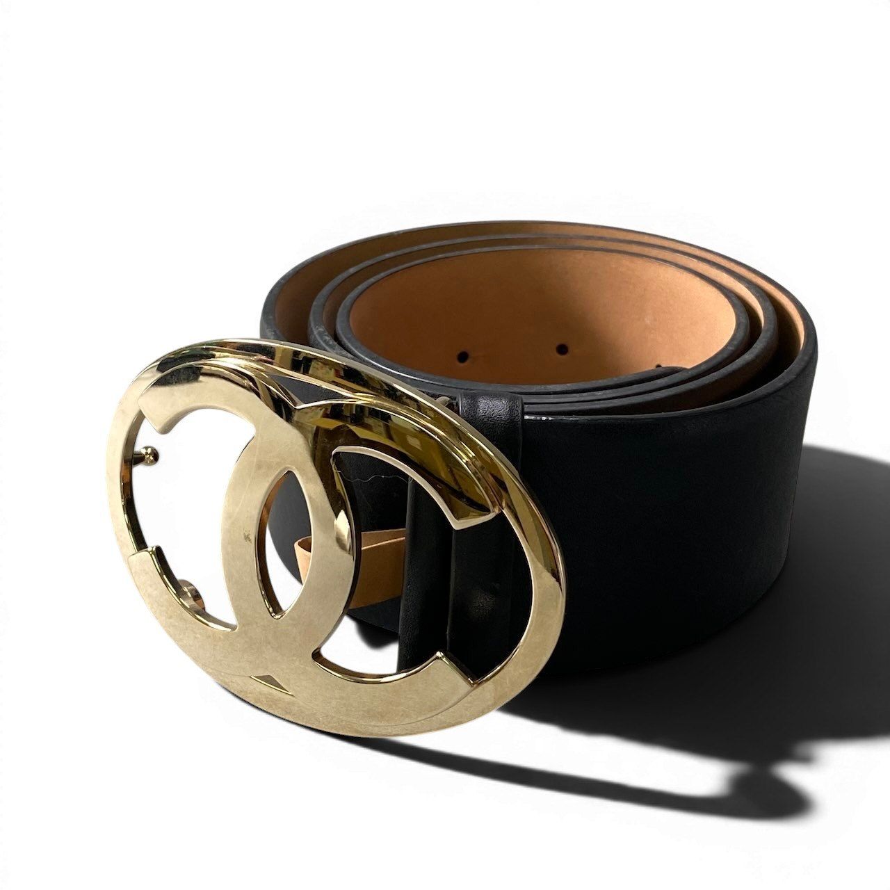 Chanel CC Logo Big Buckle Leather Belt 34 85 Black Gold