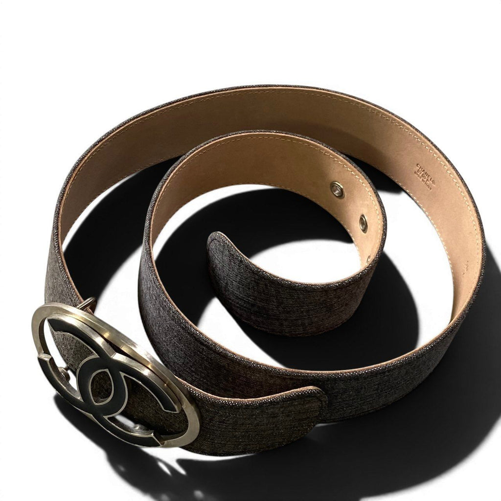 Chanel CC Logo Buckle Denim Leather Belt 36 90 Gray