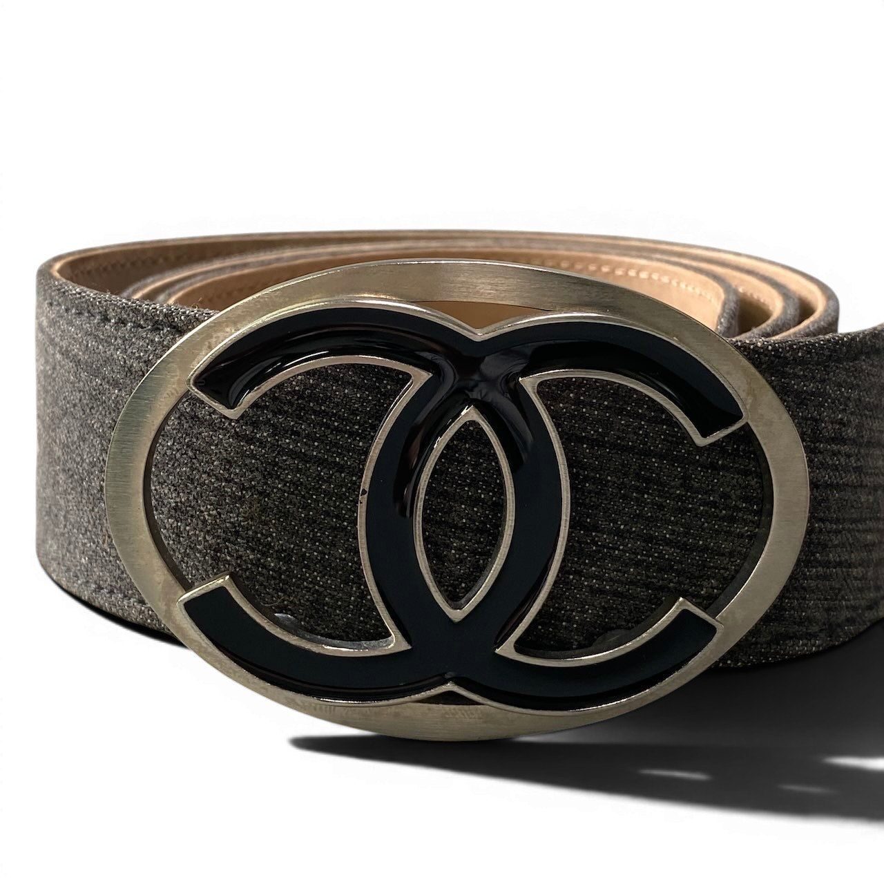 Chanel CC Logo Buckle Denim Leather Belt 36 90 Gray