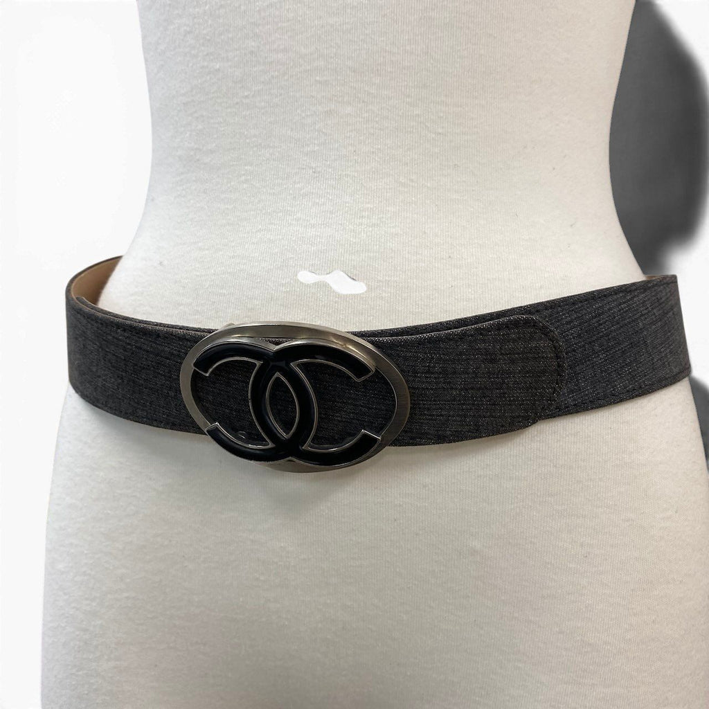 Chanel CC Logo Buckle Denim Leather Belt 36 90 Gray