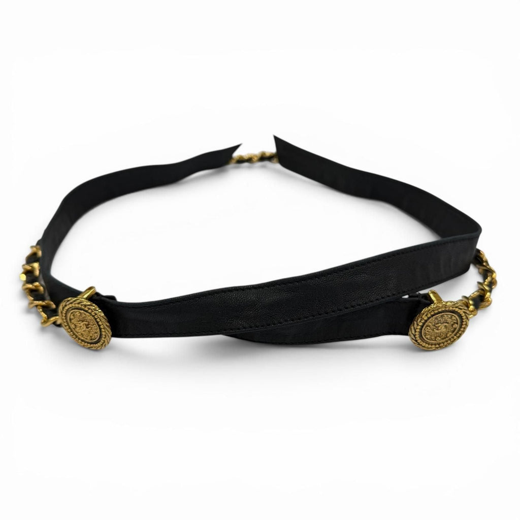 Chanel Vintage CC Logo Chain Leather Ribbon Belt Black Gold