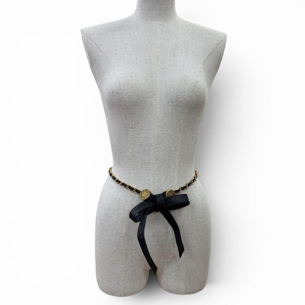 Chanel Vintage CC Logo Chain Leather Ribbon Belt Black Gold
