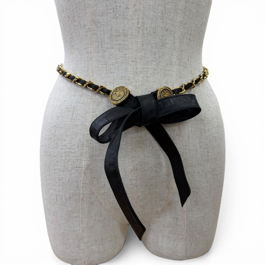 Chanel Vintage CC Logo Chain Leather Ribbon Belt Black Gold