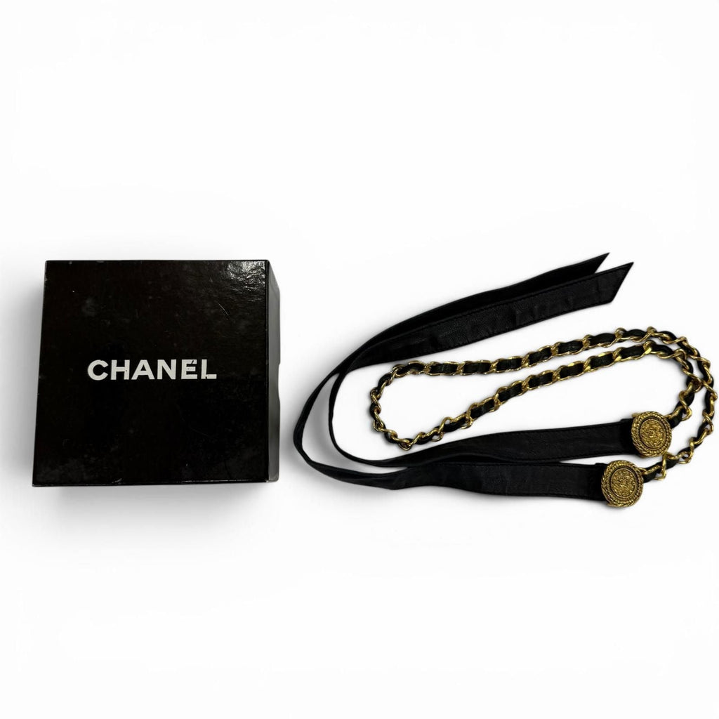 Chanel Vintage CC Logo Chain Leather Ribbon Belt Black Gold