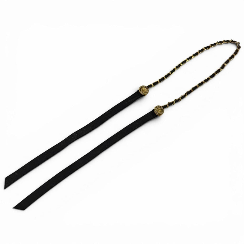 Chanel Vintage CC Logo Chain Leather Ribbon Belt Black Gold