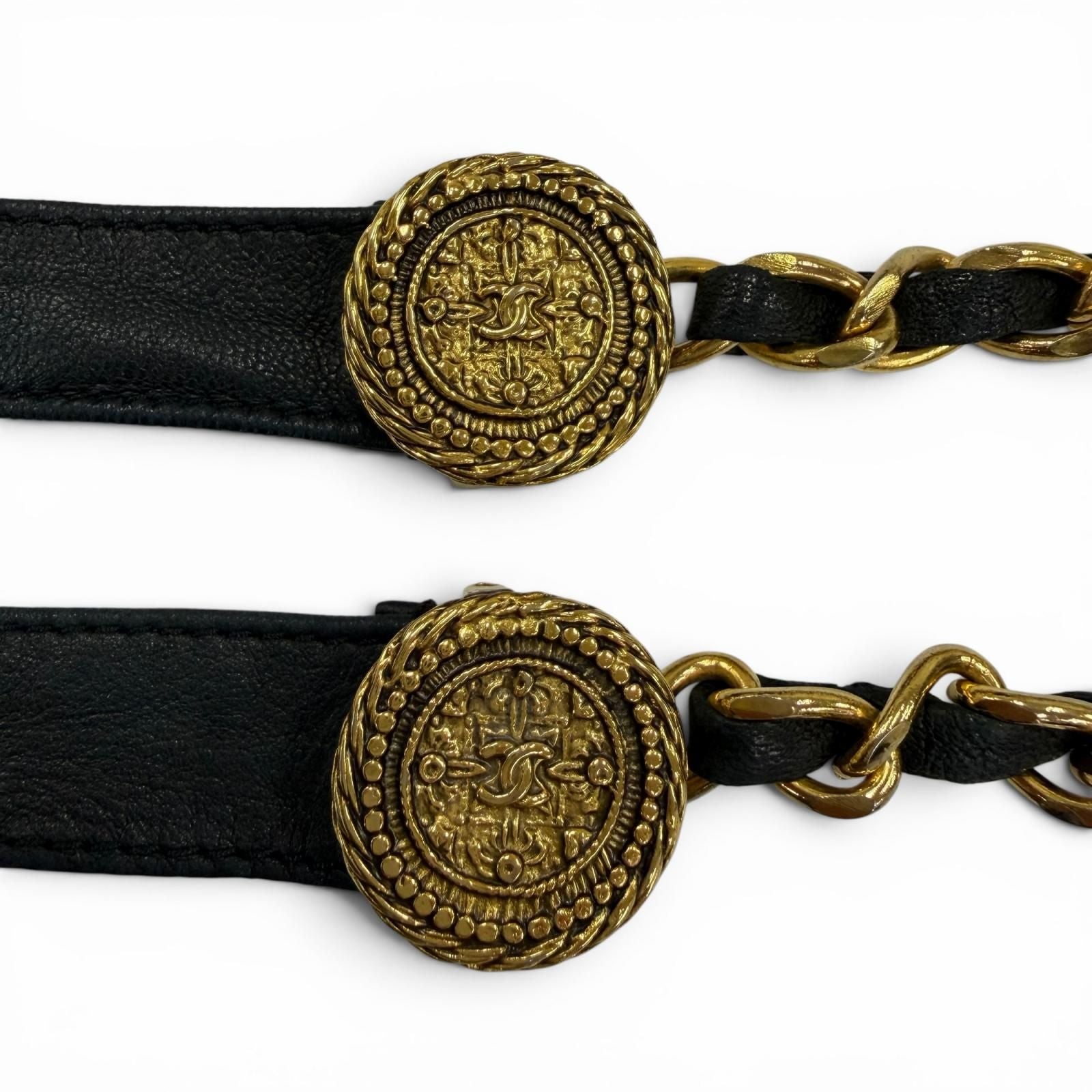 Chanel Vintage CC Logo Chain Leather Ribbon Belt Black Gold