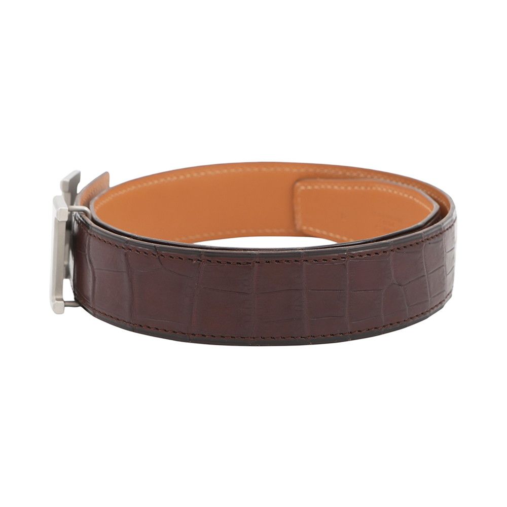 Hermes Belt Constance Dark Brown Matte Silver Porosus Leather 60