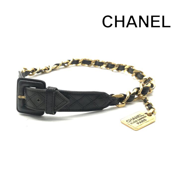 Chanel Logo Plate Gold Vintage Leather Chain Belt Black