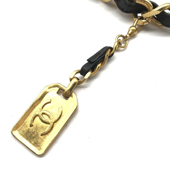 Chanel Logo Plate Gold Vintage Leather Chain Belt Black