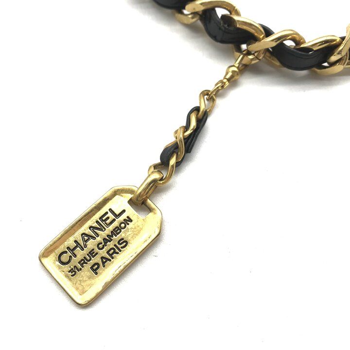 Chanel Logo Plate Gold Vintage Leather Chain Belt Black