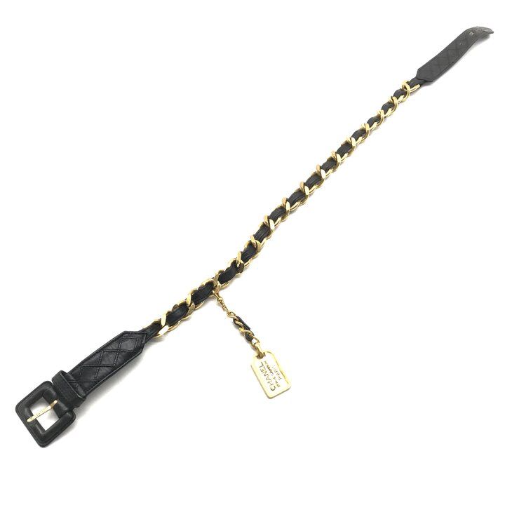 Chanel Logo Plate Gold Vintage Leather Chain Belt Black