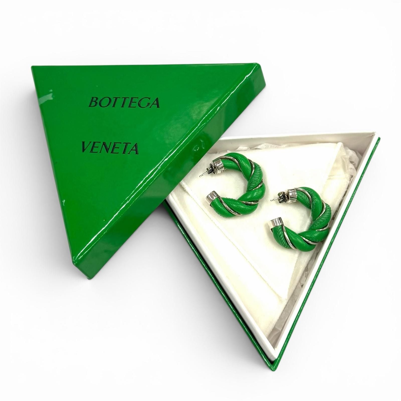 Bottega Veneta 925 Leather Twist Earrings Green Silver