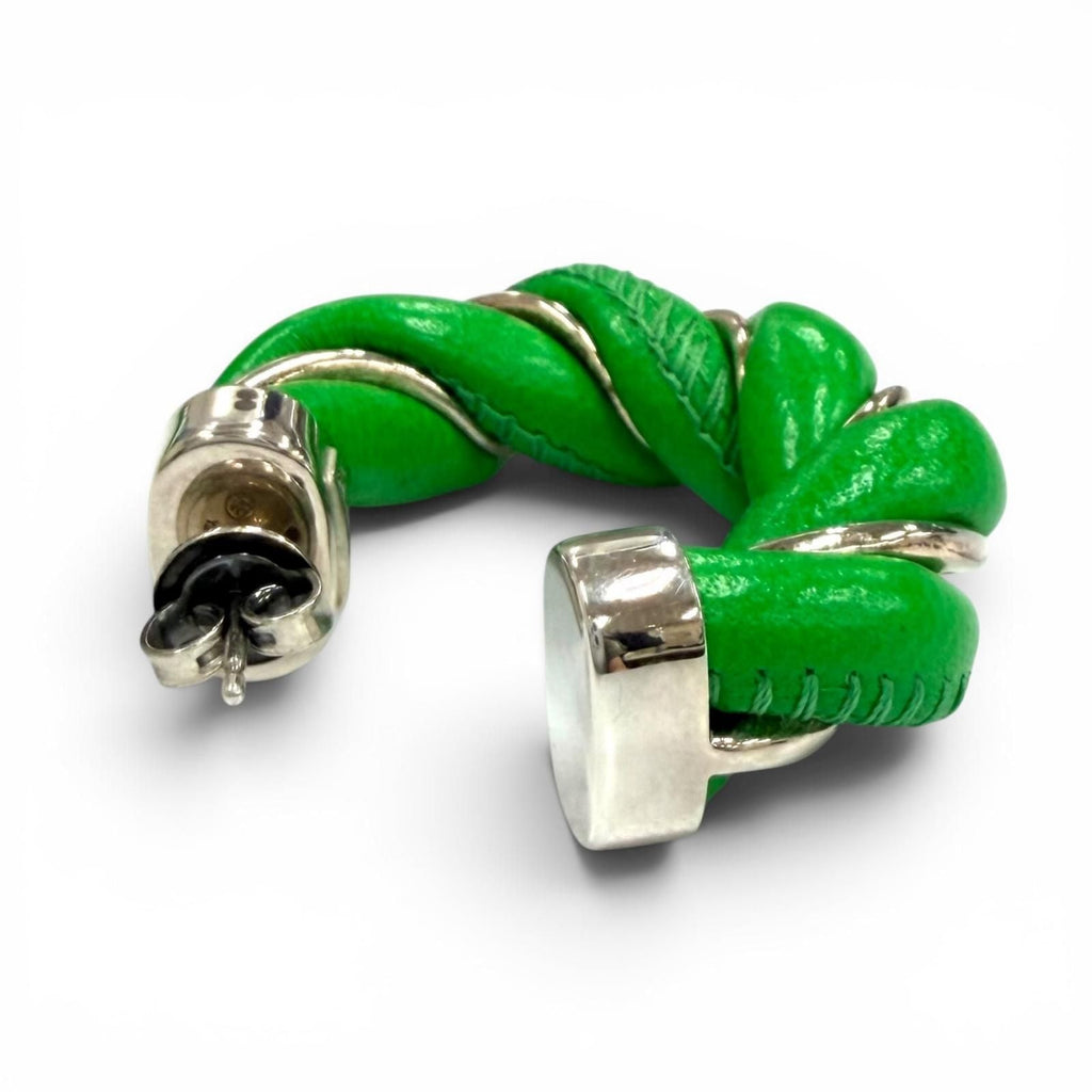 Bottega Veneta 925 Leather Twist Earrings Green Silver