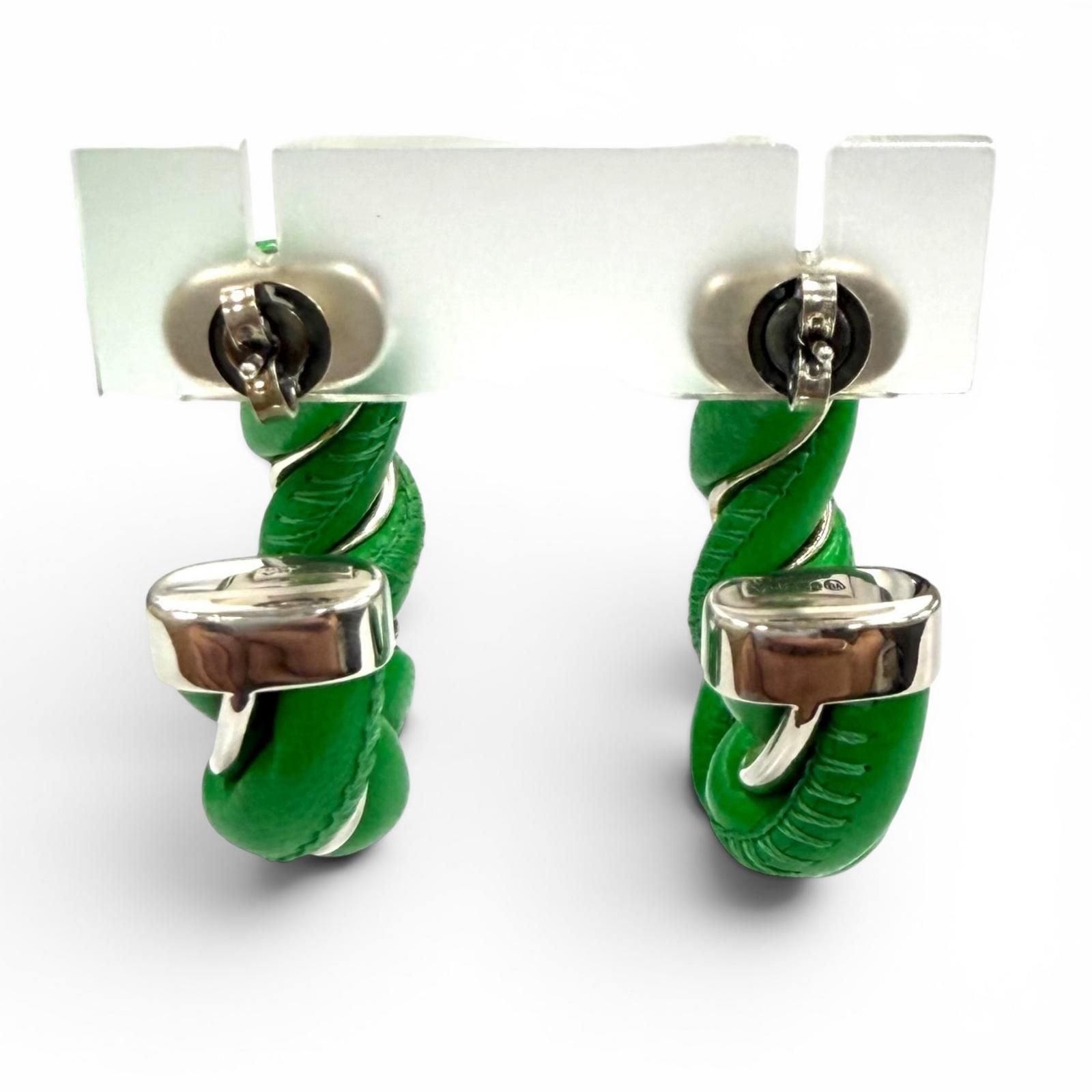 Bottega Veneta 925 Leather Twist Earrings Green Silver