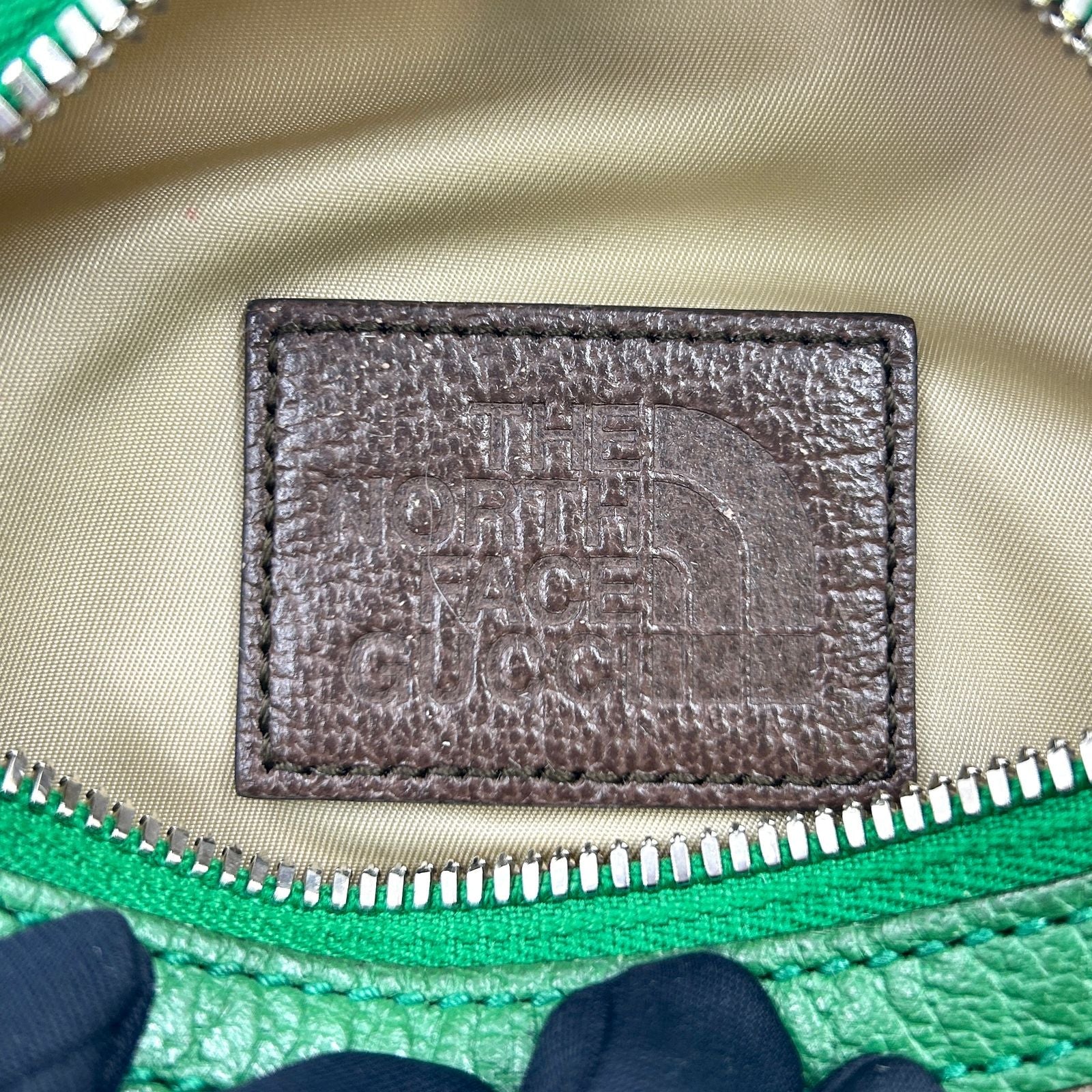 Gucci The North Face Leather Nylon Green Beige Belt Bag Silver