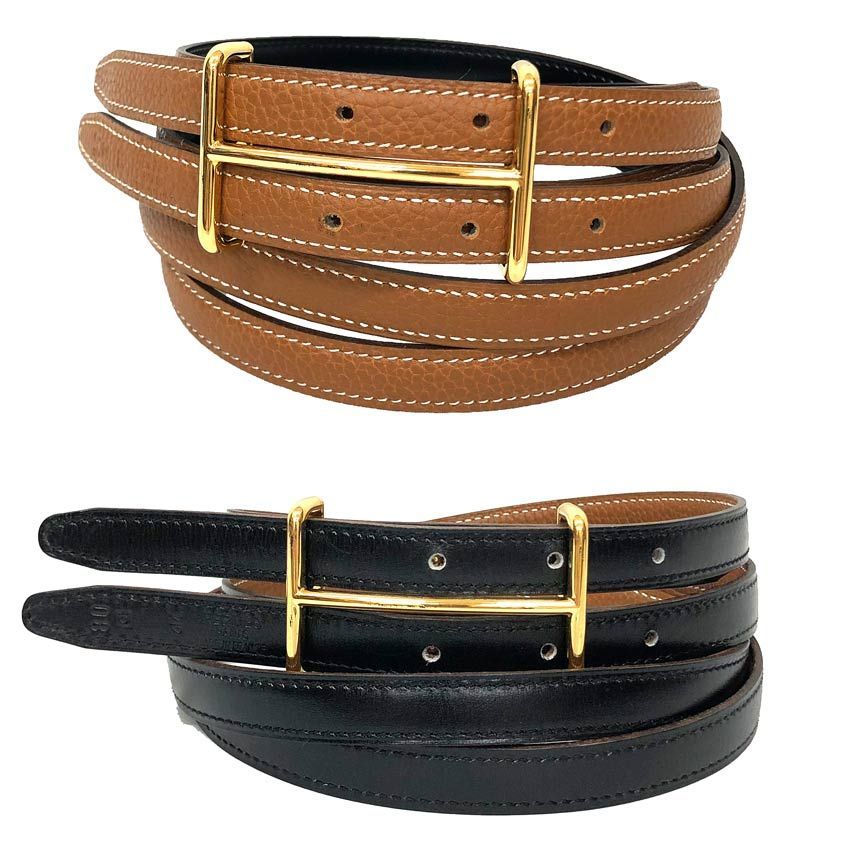 Hermes Belt Double Strand Thin Reversible 80 Camel Black Gold