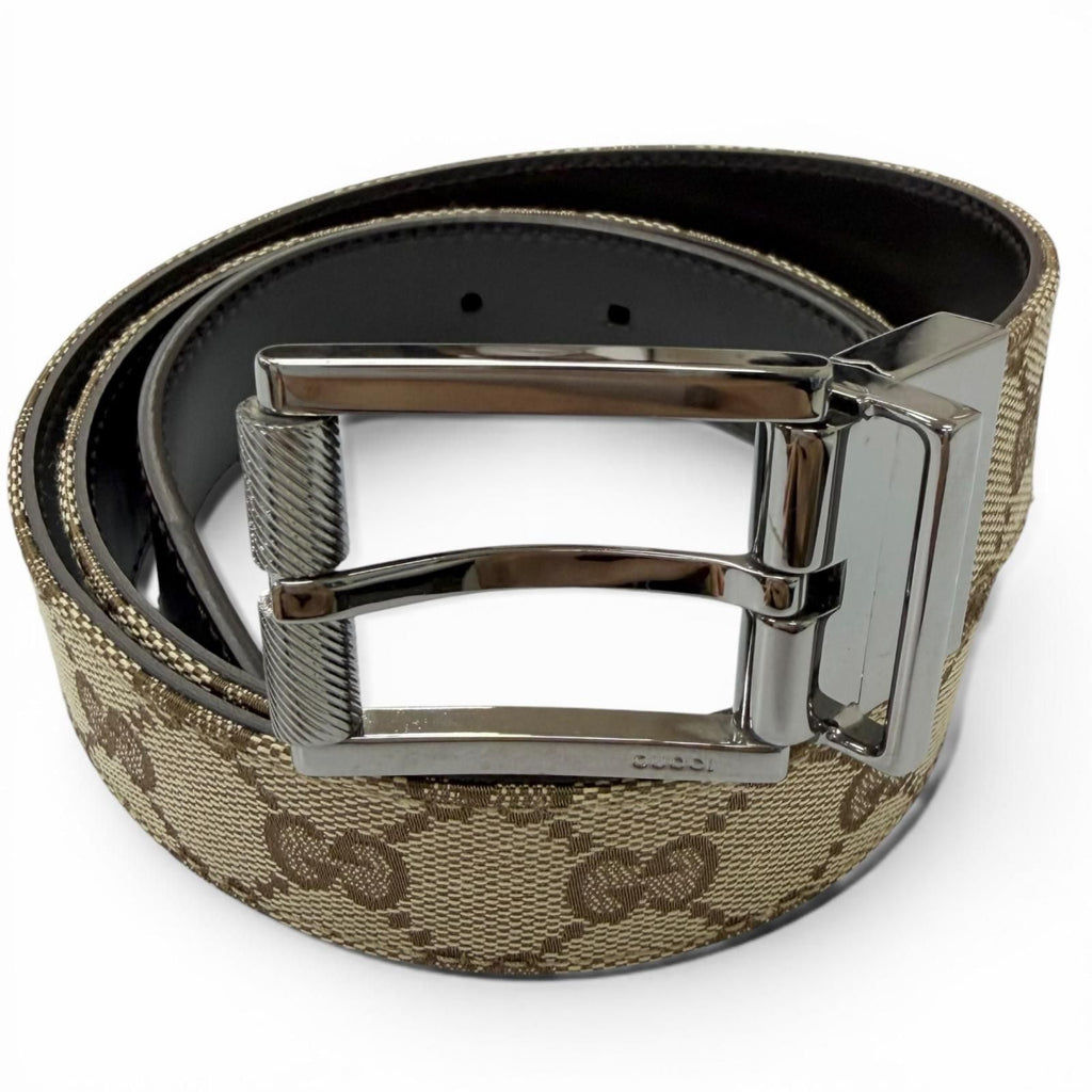 Gucci Leather GG Canvas Silver Square Hapi Buckle Reversible Belt Beige Black