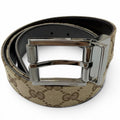 Gucci Leather GG Canvas Silver Square Hapi Buckle Reversible Belt Beige Black