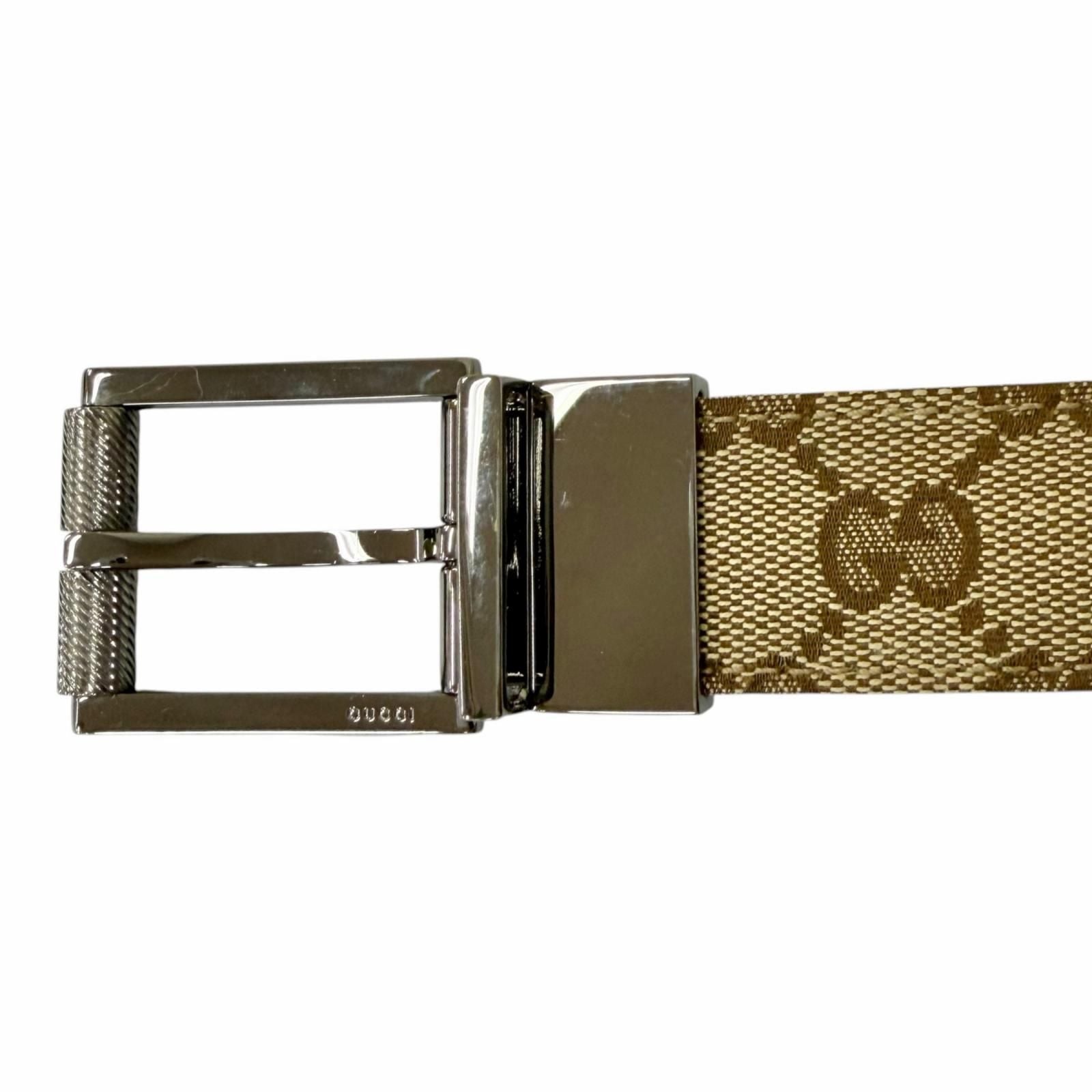 Gucci Leather GG Canvas Silver Square Hapi Buckle Reversible Belt Beige Black