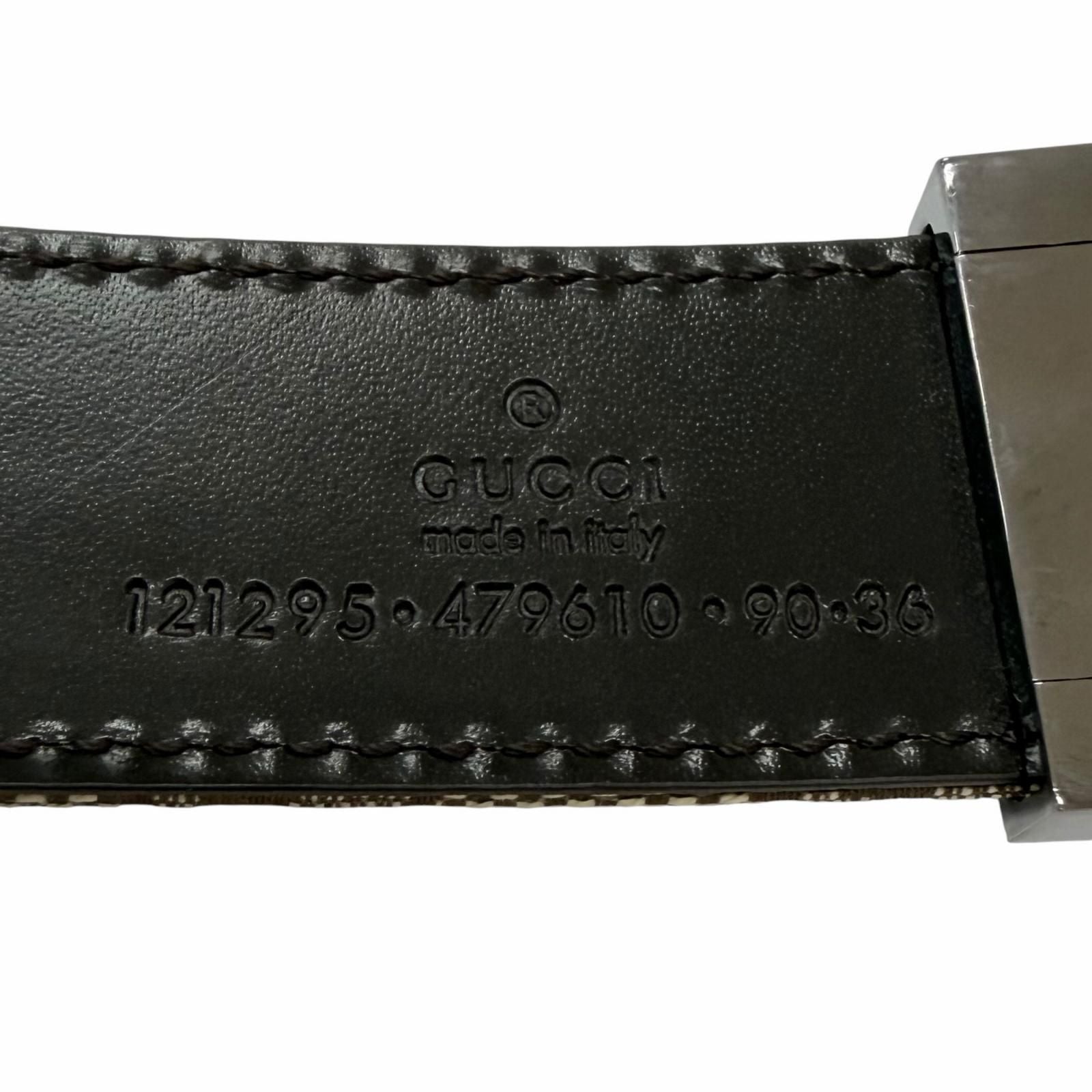 Gucci Leather GG Canvas Silver Square Hapi Buckle Reversible Belt Beige Black
